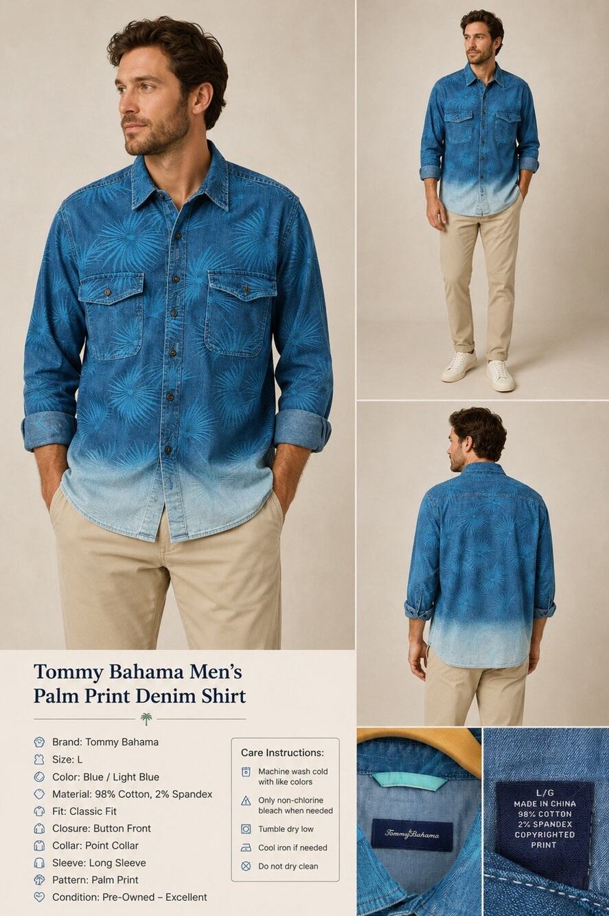 Tommy Bahama Men’s L Blue Palm Print Ombre Button Front Shirt Cotton Stretch